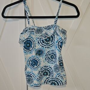 Cherokee Blue and White Patterned Ruffle Strap Camisole